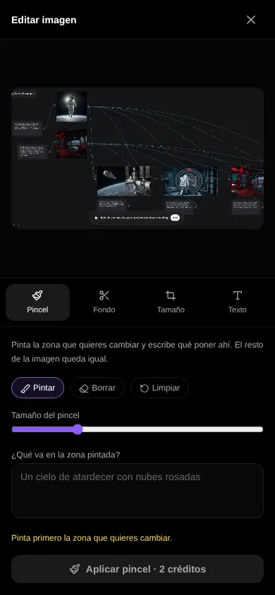 The image editor on a phone: brush, background, size and text