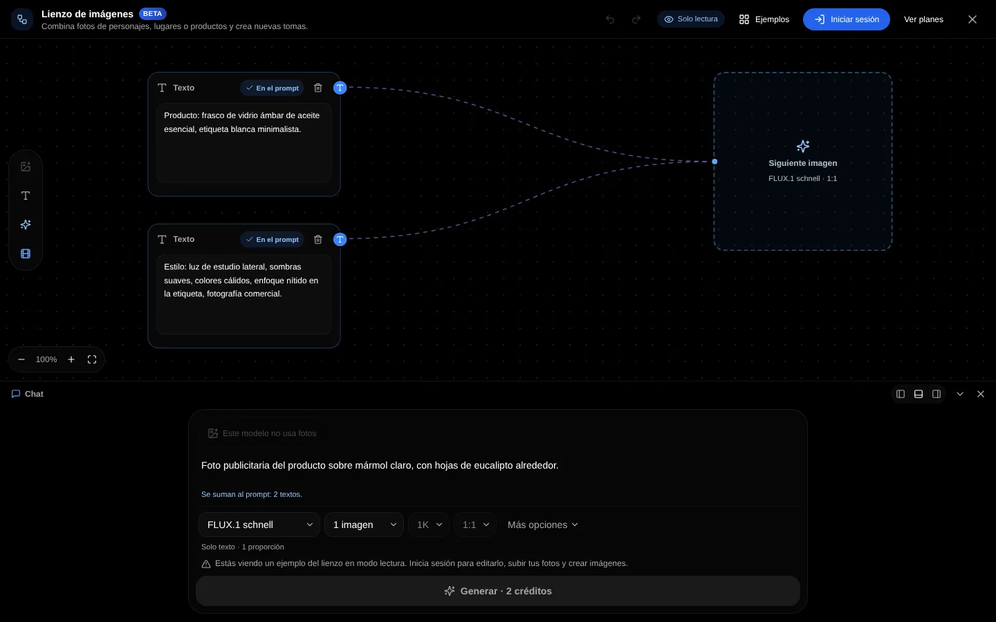 The image canvas without an account: an example in read-only, with Sign in and See plans at the top